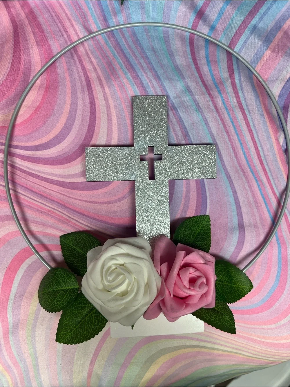 Glitter Cross Hoop Decor with White & Pink Roses